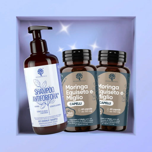 Traitement antipelliculaire RedMoringa : shampoing moringa cheveux à l'ortie et deux flacons de gélules prêle et millet