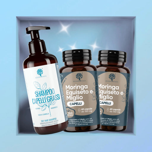 Traitement Cheveux Forts et Anti-Gras RedMoringa : shampoing cheveux gras et deux flacons de gélules Moringa Prêle et Millet