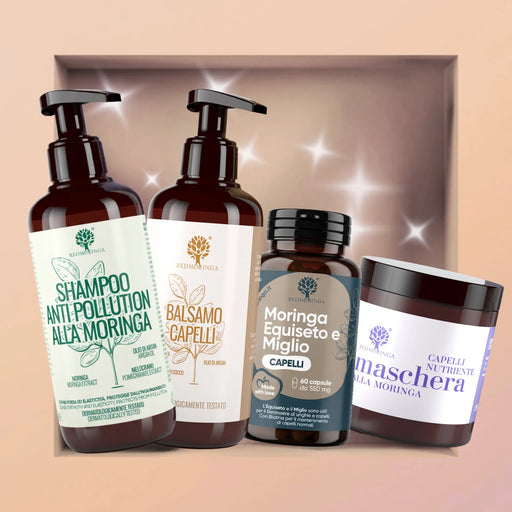 Coffret capillaire IN&OUT RedMoringa pour cheveux normaux : shampoing anti-pollution au moringa, baume, masque et gélules