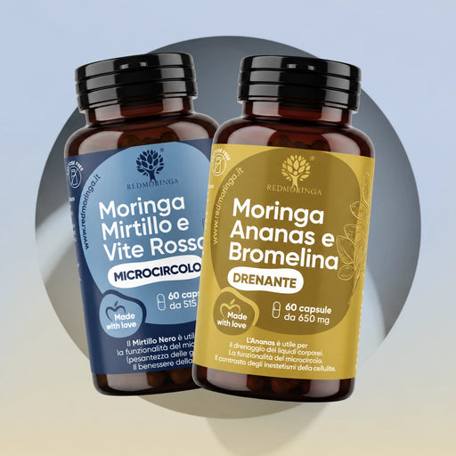 Traitement drainant RedMoringa : flacons Moringa Myrtille et Vigne Rouge microcirculation et Moringa Ananas et Bromélaïne