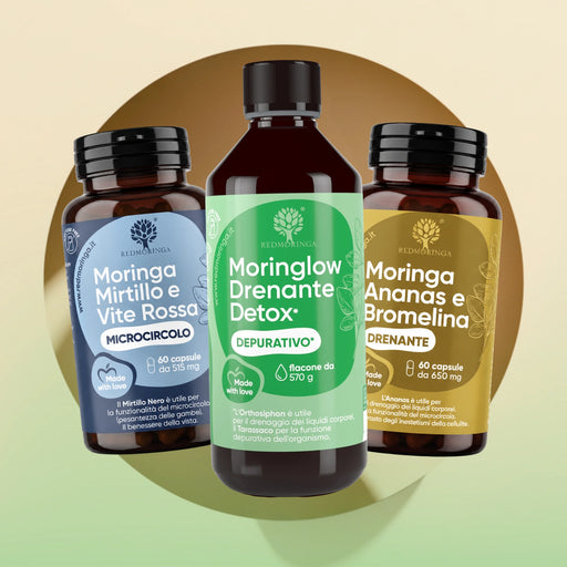 Traitement Jambes Légères RedMoringa : Moringa Myrtille et Vigne Rouge, Moringlow draineur détox et Moringa Ananas Bromélaïne