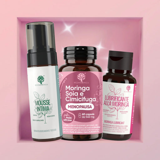 Traitement Ménopause In&Out RedMoringa : complément Moringa Soja et Cimicifuga, mousse intime et lubrifiant au moringa