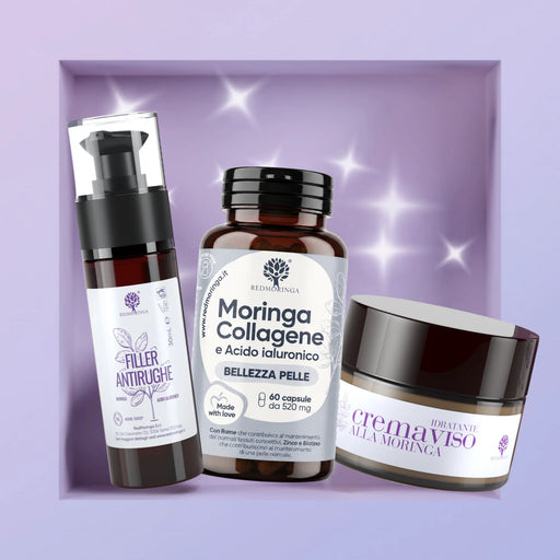 Soin visage anti-rides IN & OUT RedMoringa : sérum filler, gélules Moringa Collagène et crème visage au Moringa