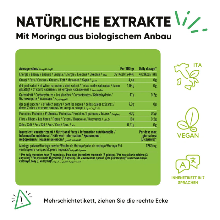 Detaillierte Nährwerttabelle für biologisches Moringa-Pulver von RedMoringa. Angabe der Durchschnittswerte pro 100g und pro Tagesdosis (3 Kapseln). Eine Tagesdosis enthält 1260 mg Moringa-Pulver.