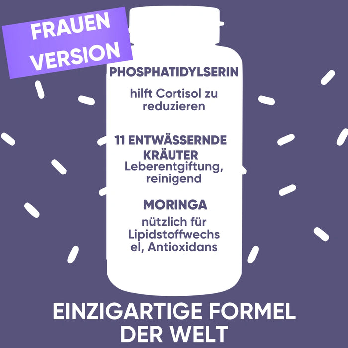 Werbegrafik für die „Frauen Version“ des RedMoringa-Pakets. Highlights der Formel: Phosphatidylserin zur Cortisolreduktion, 11 entwässernde Kräuter zur Leberentgiftung und Moringa für den Lipidstoffwechsel. Slogan: „Einzigartige Formel der Welt“.