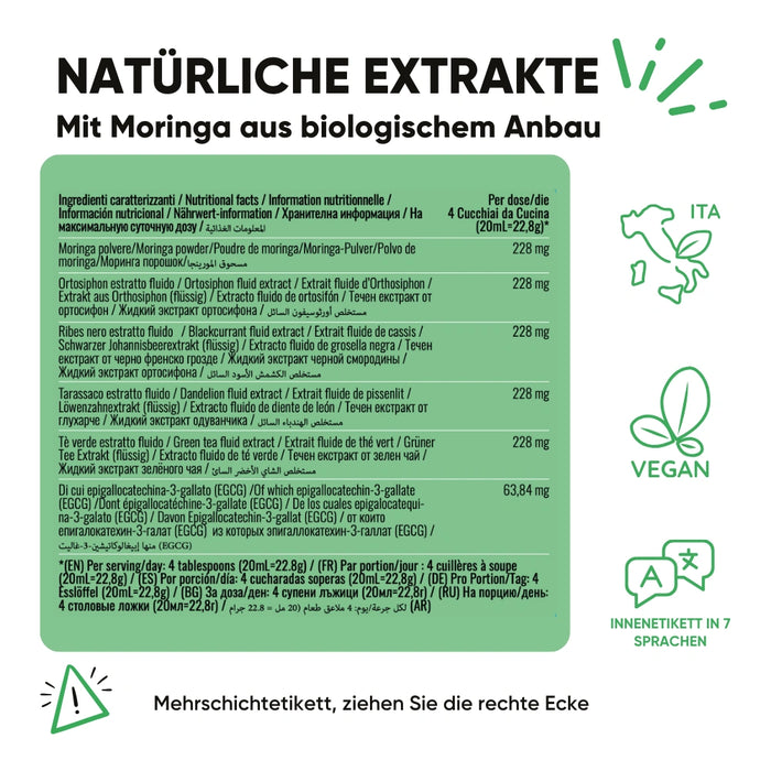 Inhaltsstoffe der flüssigen Detox-Kur von RedMoringa. Enthält pro 20 ml Dosis jeweils 228 mg Moringa, Orthosiphon, schwarze Johannisbeere, Löwenzahn und grünen Tee (davon 63,84 mg EGCG).
