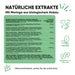Inhaltsstoffe der flüssigen Detox-Kur von RedMoringa. Enthält pro 20 ml Dosis jeweils 228 mg Moringa, Orthosiphon, schwarze Johannisbeere, Löwenzahn und grünen Tee (davon 63,84 mg EGCG).