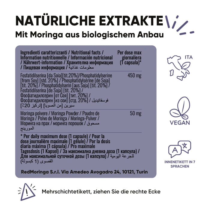 Nährwerttabelle des Nahrungsergänzungsmittels Moringa Phosphatidylserin von RedMoringa. Pro Kapsel sind 450 mg Phosphatidylserin (aus Soja) und 50 mg Moringa-Pulver enthalten. Vegan-Logo und Hinweis auf ein mehrsprachiges Etikett.