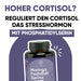 Werbebanner mit der Frage „Hoher Cortisol?“ und der Antwort „Reguliert das Stresshormon mit Phosphatidylserin“. Abgebildet ist eine Dose RedMoringa Phosphatidylserin.