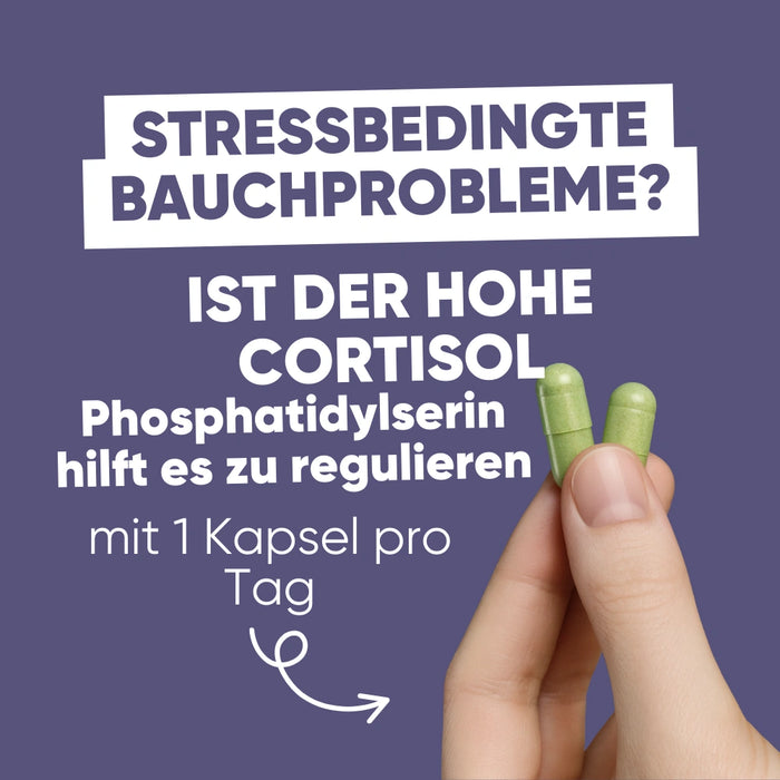 Eine Hand hält zwei grüne Kapseln. Text: „Stressbedingte Bauchprobleme? Ist es der hohe Cortisol-Spiegel? Phosphatidylserin hilft, ihn zu regulieren mit nur 1 Kapsel pro Tag.“