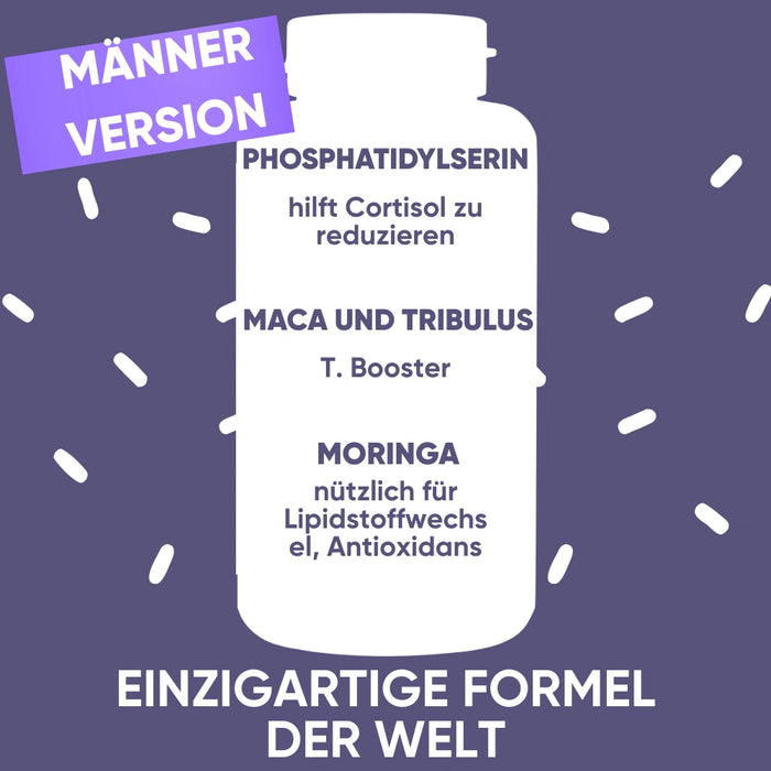 Werbegrafik für die „Männer Version“ des RedMoringa-Pakets. Enthält Phosphatidylserin zur Cortisolreduktion, Maca und Tribulus als „T. Booster“ (Testosteron-Booster) sowie Moringa als Antioxidans.