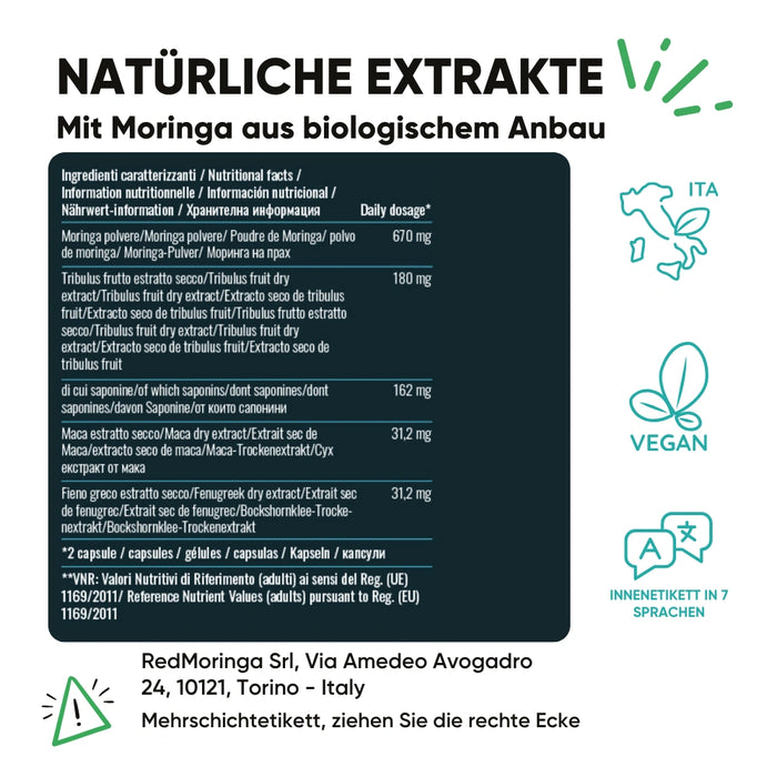 Nährwertangaben für das Männer-Supplement von RedMoringa. Eine Tagesdosis (2 Kapseln) enthält 670 mg Moringa, 180 mg Tribulus-Extrakt (mit 162 mg Saponinen), 31,2 mg Maca und 31,2 mg Bockshornklee.